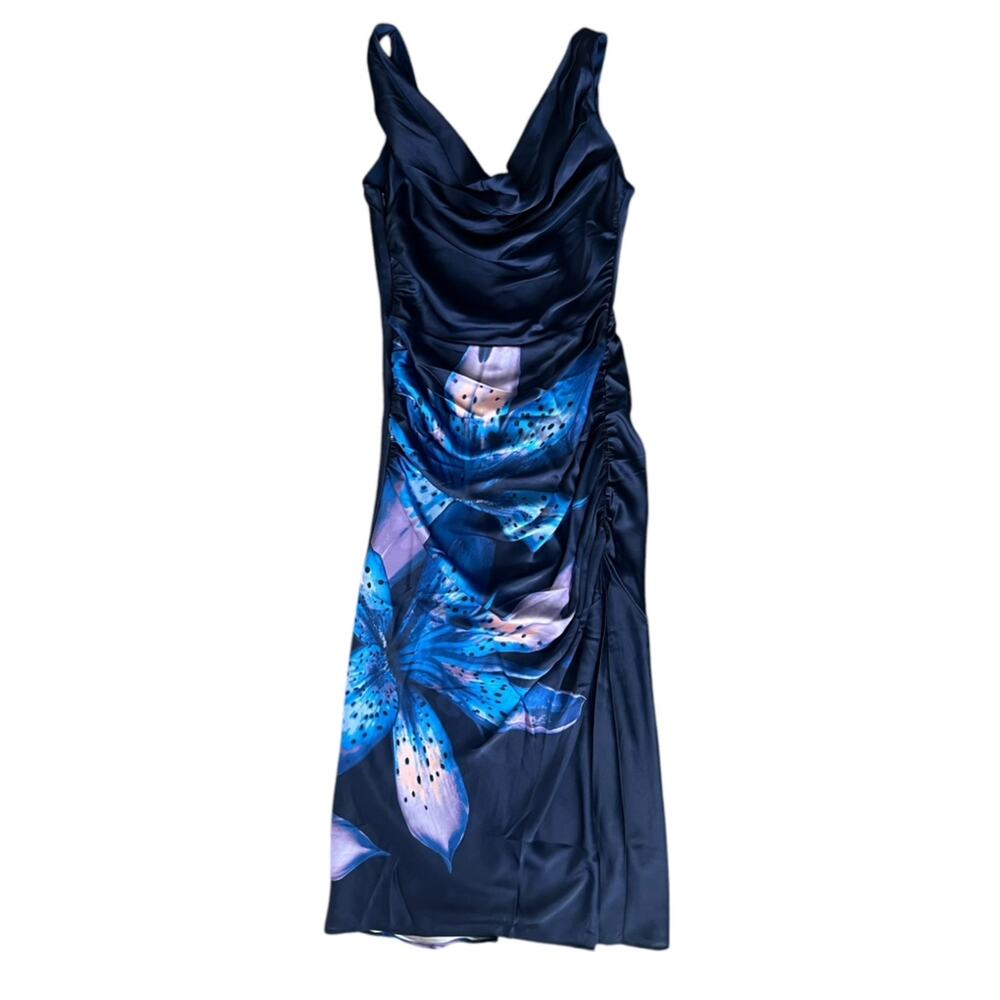 Abercrombie & Fitch Women’s Cowl Neck Draped Maxi Dress Dark Indigo Floral - Picture 13 of 14